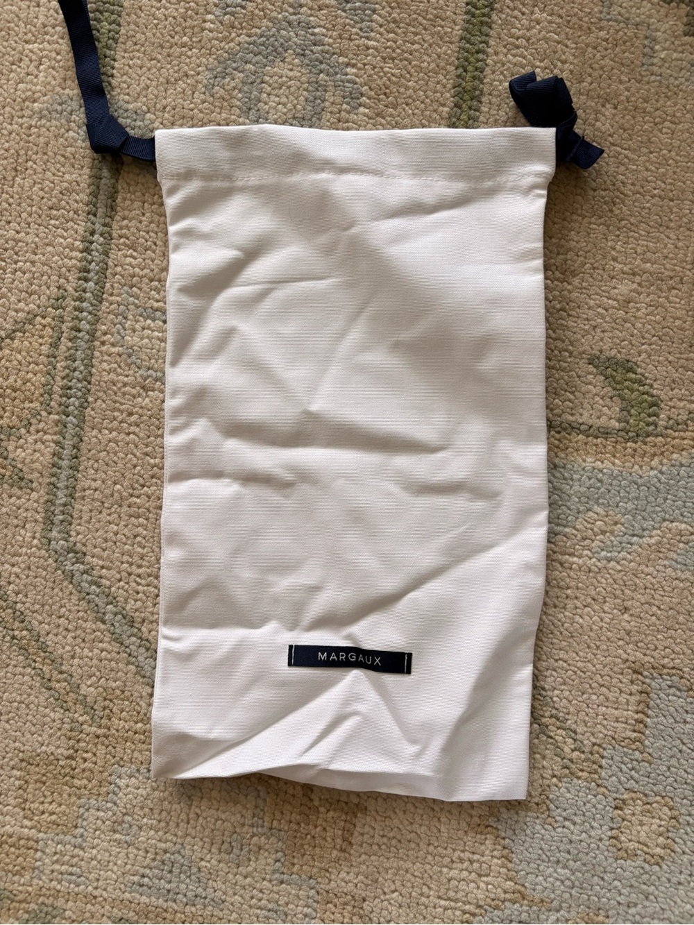 Margaux White Drawstring Dust Bag with Navy Ties
